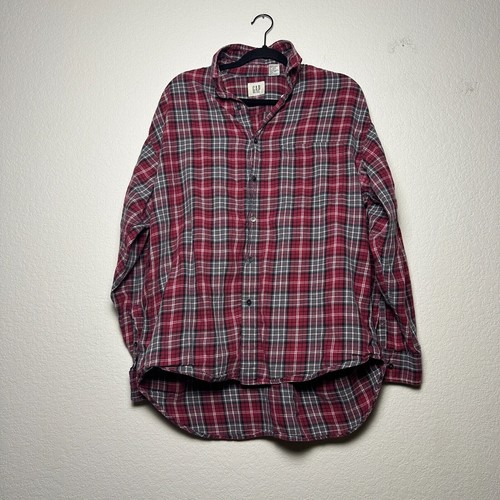 GAP Button Up Flannel Shirt Mens L Plaid Red White Grandpa Gorpcore Outdoors 90s