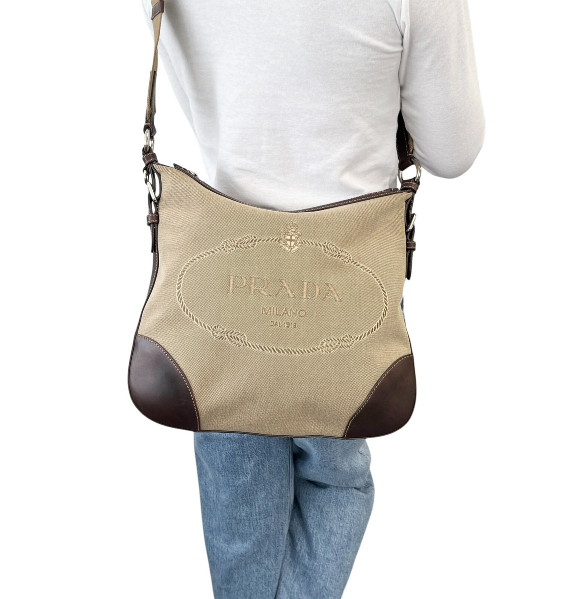 PRADA Vintage Logo Crossbody Shoulder Bag Zip Beige Brown