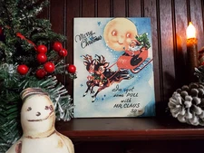 VINTAGE RETRO MODERN STYLE CHRISTMAS SANTA SLEIGH REINDEER FLY CUTE MOON  SIGN