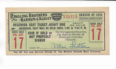 Vintage 1954 RINGLING BROTHERS BARNUM & BAILEY Circus Ticket