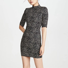 Alice + Olivia Inka Strong Shoulder Mock Neck Mini Dress sz 0 Black Silver Dot
