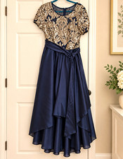R&M Richards Navy & Gold Sequin Short Sleeve Dress with Satin Skirt 14P