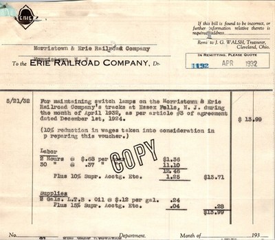 1932 Morristown & Erie RR Billing Voucher Switch Lamp Maintenance Essex Fells NJ