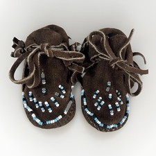 Vintage Handmade Beaded Leather Baby Moccasins Brown Infant Shoes Native Style