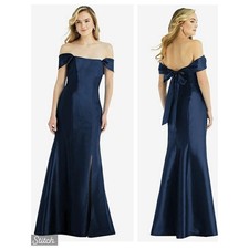 Stunning New Alfred Sung Off-Shoulder Navy Blue Satin Twill Gown