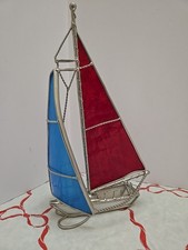 Vtg. Stained Glass 3D Sailboat Red Blue Sails White  Silver Metal Nautical 9"