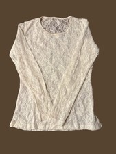 Vintage R. Heftey White Floral Lace Top USA Made Sheer Long Sleeve M
