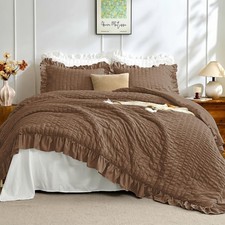 JOLLYVOGUE Queen Comforter Set, 3 Pieces Oak Brown Seersucker Comforters Quee...