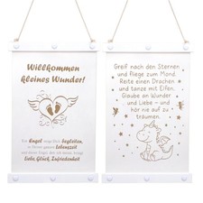Lederbild Baby Deko – Geburt Geschenk Wandbild - Willkommen weiß goldfarben