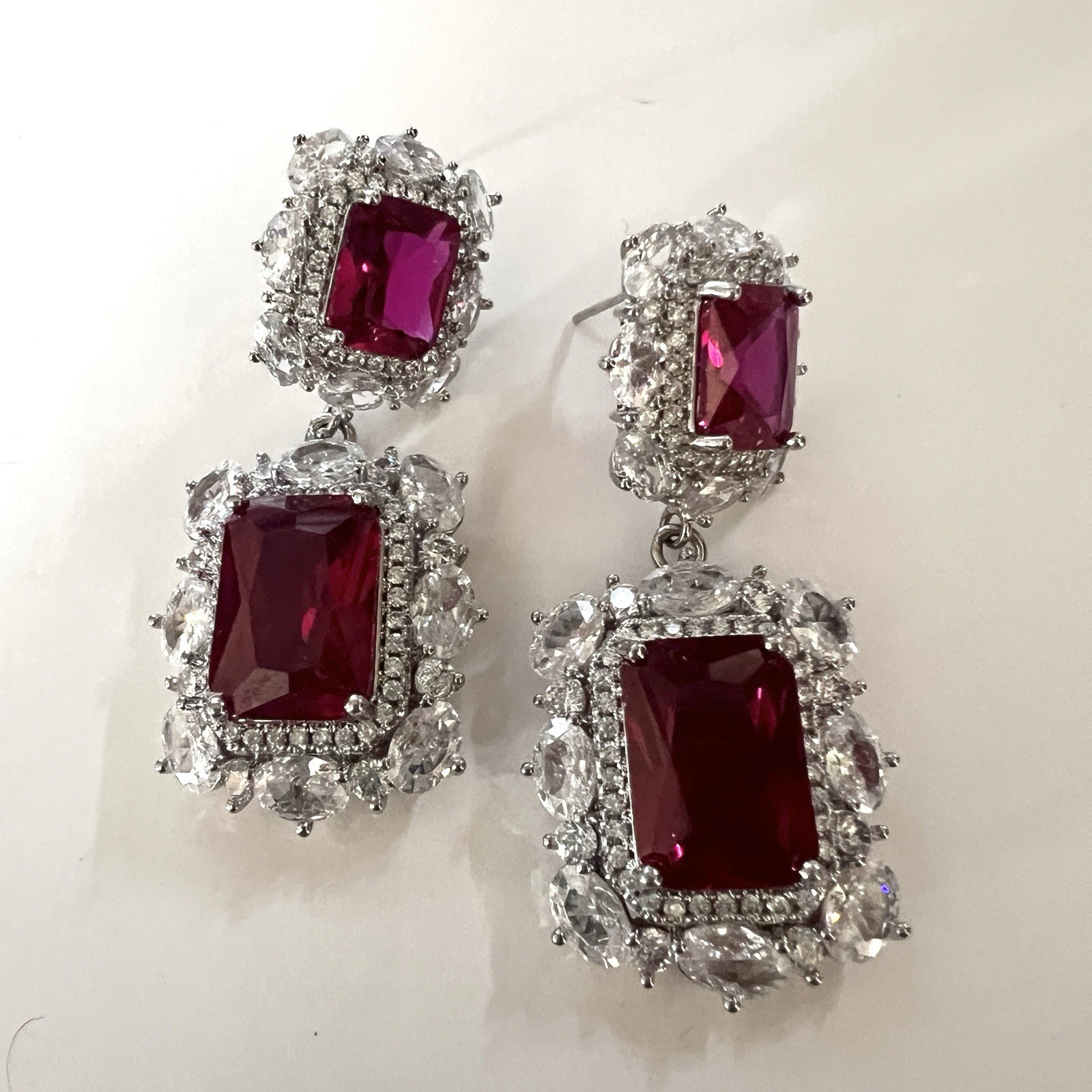 Silver Ruby + Diamond SIMULATED EARRINGS Posts 2”… - image 1