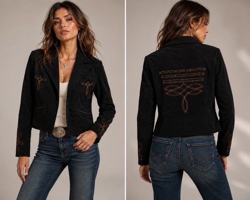 NWT Lucky & Blessed Sz L Western Embroidered Black Suede Jacket Blazer Soft Open
