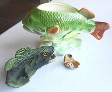 MCM Relpo Fish Planter Ceramic 6.5” Taiwan & Mini Wade England Figurine & Resin