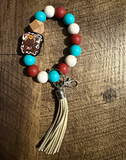 Multicolor Stretch Beaded Charm Wristlet Keychain, Round Dangle Tassel Animal