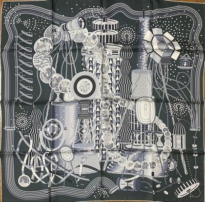 Hermes Scarf Le Laboratoire du Temps 90 cm silk black Carre time laboratory 097