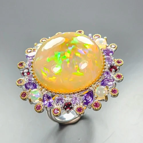 AAA 40 ct+ gemstone Natural Opal Ring 925 Sterling Silver Size 8 /R464532