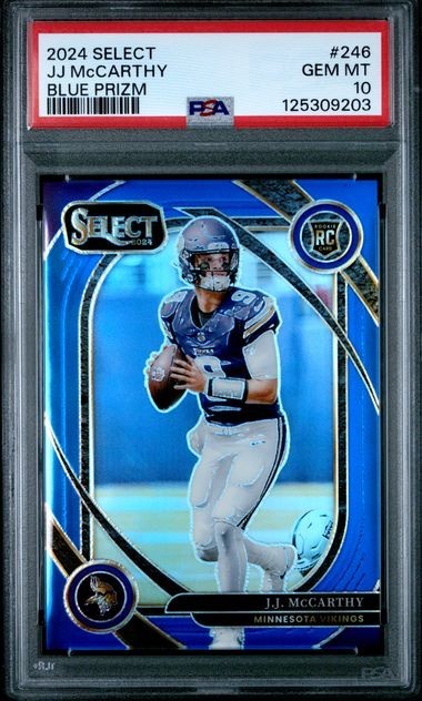 PSA 10 - 2024 Panini Select JJ MCCARTHY RC Blue Prizm 07/99 #246 Vikings (9203)
