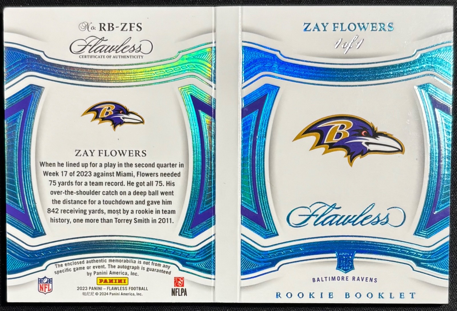 2023 FLAWLESS ZAY FLOWERS ROOKIE NFL SHIELD AUTO PLATINUM #1/1 RAVENS view 2