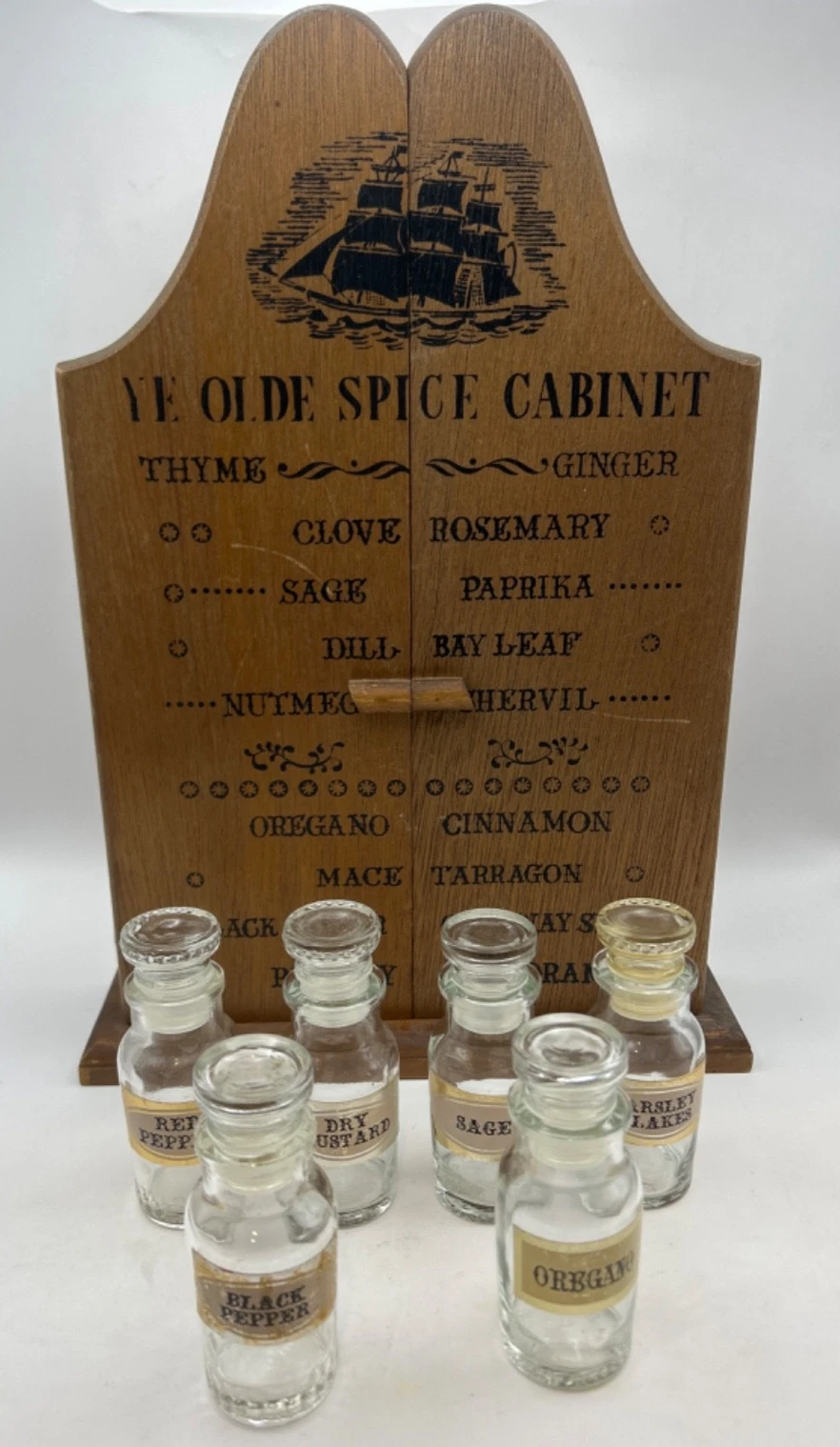 Vintage Wooden Spice Cabinet w 6 Glass Jars Wall Mount Kitchen Rack Box