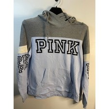 PINK Victoria's Secret Colorblock Hoodie Sweatshirt Gray Blue Logo Size L