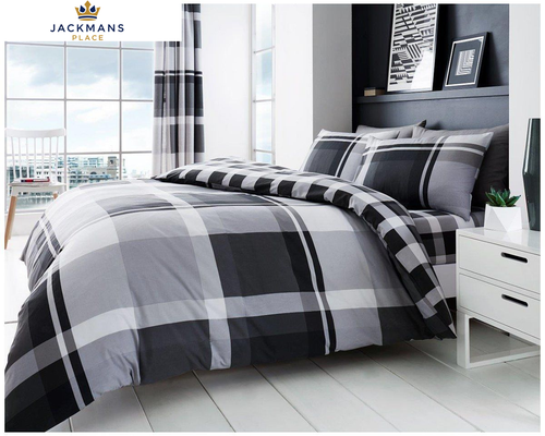 Checkered Duvet Cover Sets, 3 pcs, Soft & Warm Polycotton Double, Grey