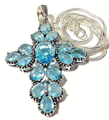 AQUAMARIN  EDELSTEIN HANDGEFERTIGT 925 STERLINGSILBER KREUZANHÄNGER M.KETTE