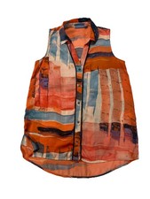 Simply Vera Wang Blouse Size S Orange Blue Tunic Sheer Sleeveless 5075