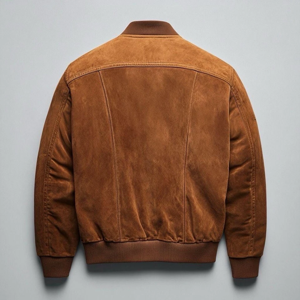 Men’s Classic Suede Bomber Jacket Tan Brown Pure Suede Leather Biker Jacket - Image 2 of 4