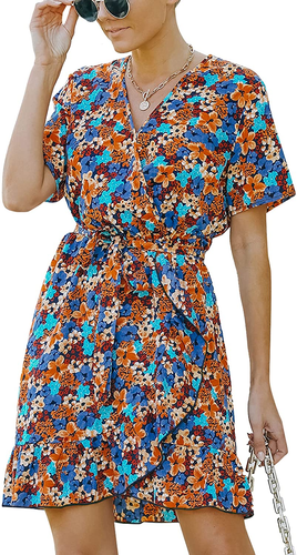 Angashion Women'S Floral Dress Casual Ruffle Short Sleeve Wrap V Neck Women Dot - Picture 11 of 12