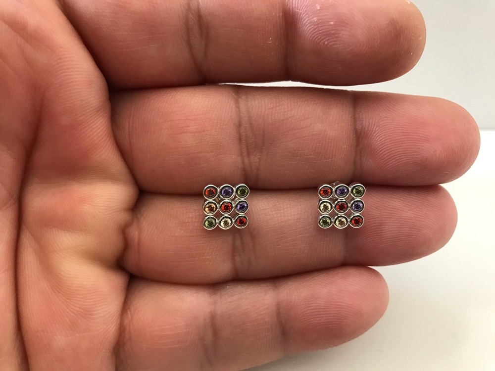Square Multi-Color Stud Earrings in 925 Sterling Silver, 7mm x 7mm Size
