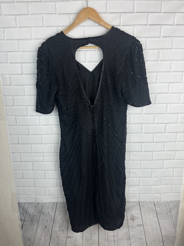 Vintage Scala Dress Petite S Black Silk Beaded Sequin Evening Formal Gatsby 20s - Picture 6 of 12