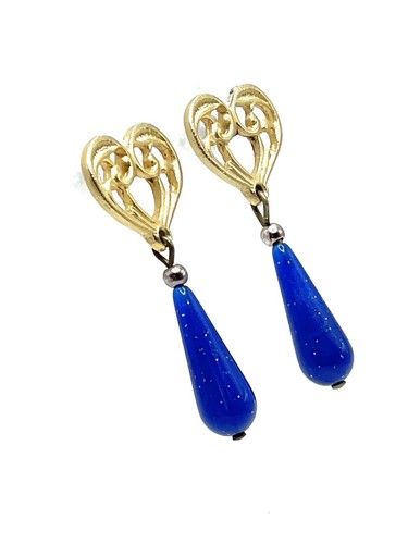 Etruscan Revival Brushed Gold Heart Faux Blue Lapis Teardrop Dangle Earrings - Picture 3 of 5