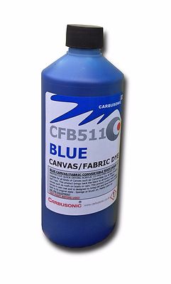 Blue convertible roof hood canvas dye / reviver , restores colour to fabrics.