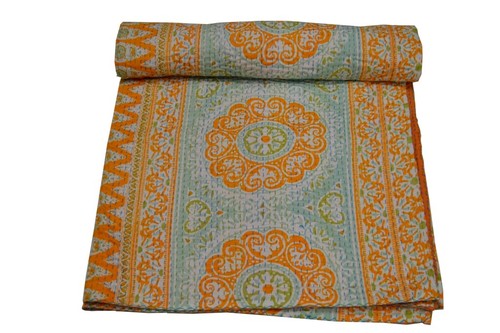 Indian Block Single Kantha Handmade Cotton Quilt Bed Cover Throw Blanket Gudari - Picture 5 of 9