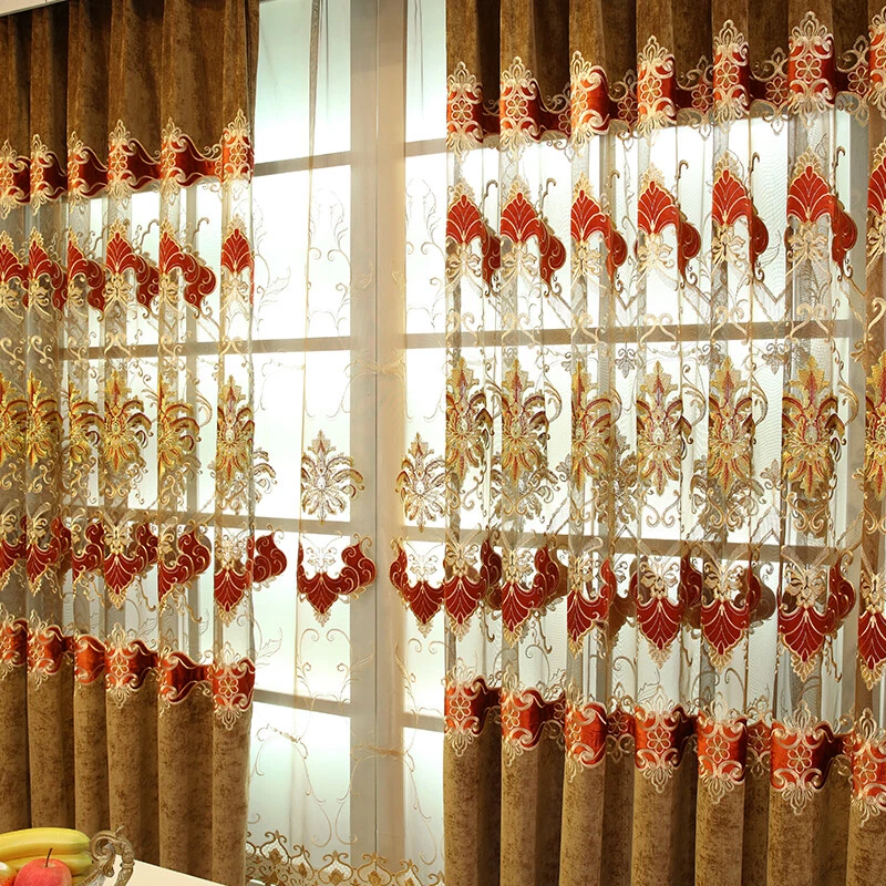 European embroidered chenille yellow Hollow-out curtain tulle valance  M1379 - Image 3 of 4