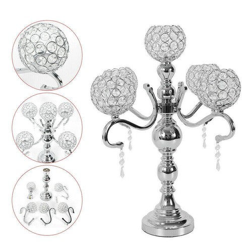 YIYIBYUS Modern Candelabra Silver 5-Arms Table Decor w/ Hanging Crystal Drops - 第 7/8 張圖片