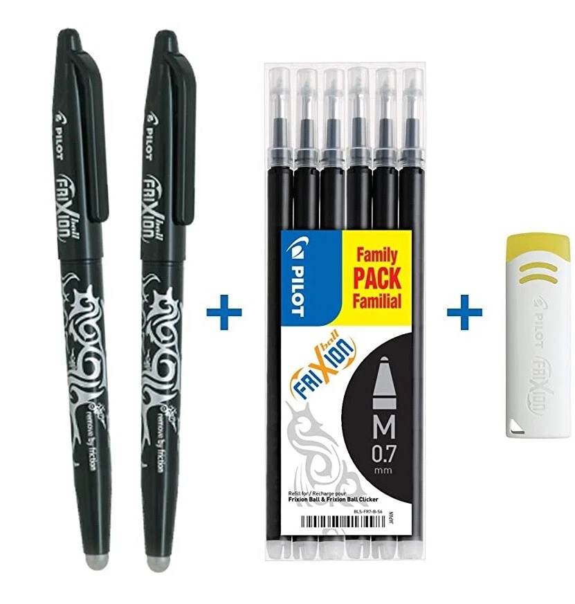 Lot de 2 stylos Roller + 1 set 6 recharges + 1 gomme PILOT FRIXION 07 NOIR - Photo 1/1