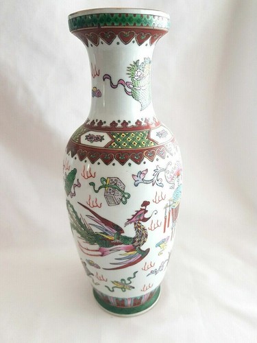 Rare Vintage Chinese Hand Painted Porcelain Double Happiness Dragon Phoenix Vase - Picture 1 of 12