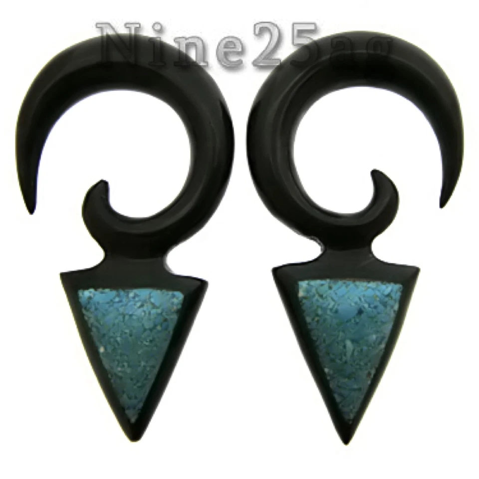 PAR CUERNO 12g (2MM) ESPIRALES TAPONES TRIBALES INCRUSTADOS TURQUESA APLASTADO GANCHOS TAPÓN  Foto 3 de 3