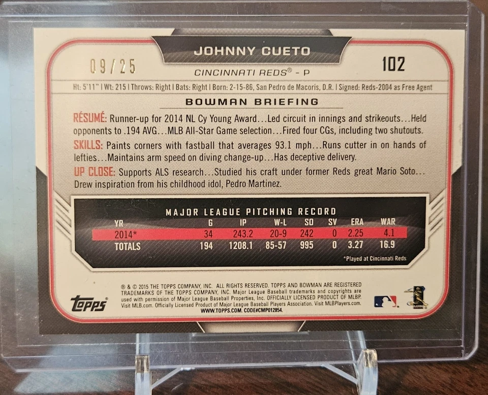 2015 Bowman Orange /25 Johnny Cueto #102 - Image 2 of 2