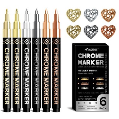 6 Colors Chrome Paint Markers, Permanent Mirror Liquid Chrome Pens for Plasti...