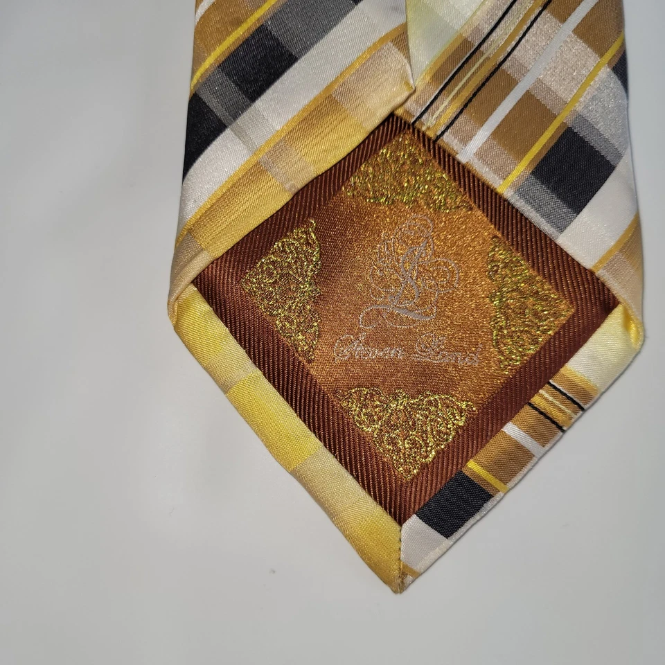 Juego de corbata y cuadrado de bolsillo Steven Land amarilla a cuadros 100 % seda para hombre Foto 4 de 4