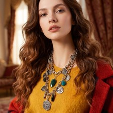 Layered Charm Necklace Set, Ancient Coins, Natural Stones