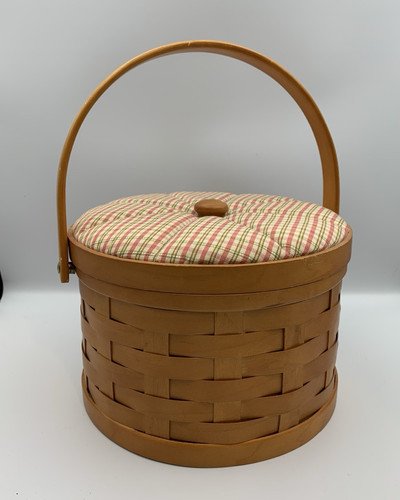 Vintage Wood Sewing Basket with Handle - Inside Tray -Lid Plaid Quilted Top 1999 - Picture 1 of 11