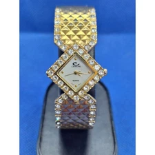 Ladies Gold-tone Cenere Quartz Cuff Watch w/ Crystal Bezel- Works Great! HTF!