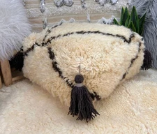 Large Beni Ourain Wool Pouf: Moroccan Tassel Ottoman Floor Pillow 03YS00926