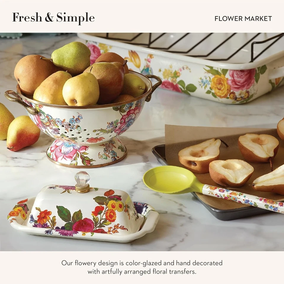 Эмалированная коробка для масла MACKENZIE-CHILDS, милое блюдо с маслом с крышкой, белый цветочный рынок - Изображение 2 из 4