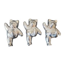 Vintage Set of 3 Teddy Bear Wall Hooks Silver Tone Cast Metal Nursery Decor 4"
