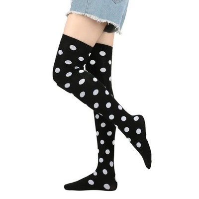Women Striped Polka Dot Cotton Blend Over Knee Long Black Pink Knit Stockings