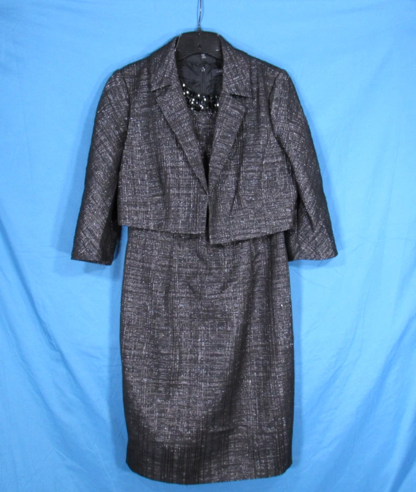 CARMEN MARC VALVO 黑色金属银色纹理串珠夹克/紧身连衣裙 10 — 第 2/4 张图片