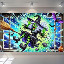 Halloween Banner Witch Fantasy 71x43 Inches Hanging Decor with Spooky Characters